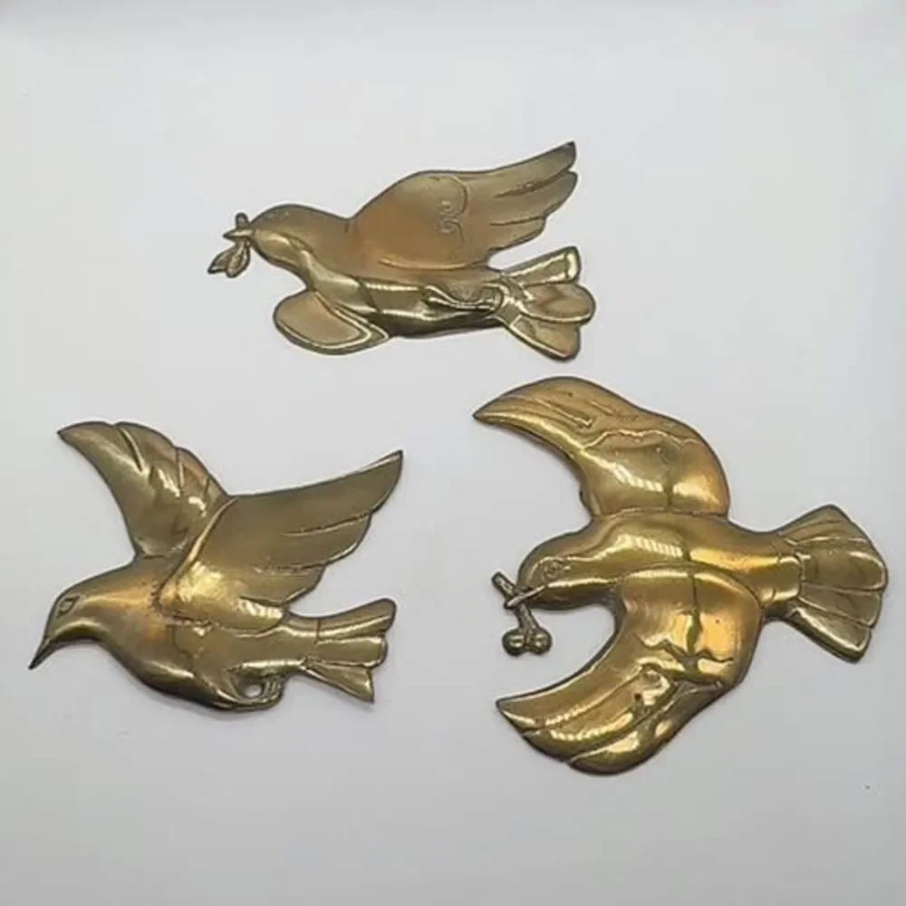 Vintage Brass Flying Birds Wall Decor Set of 3 Mid Century Peace Dove